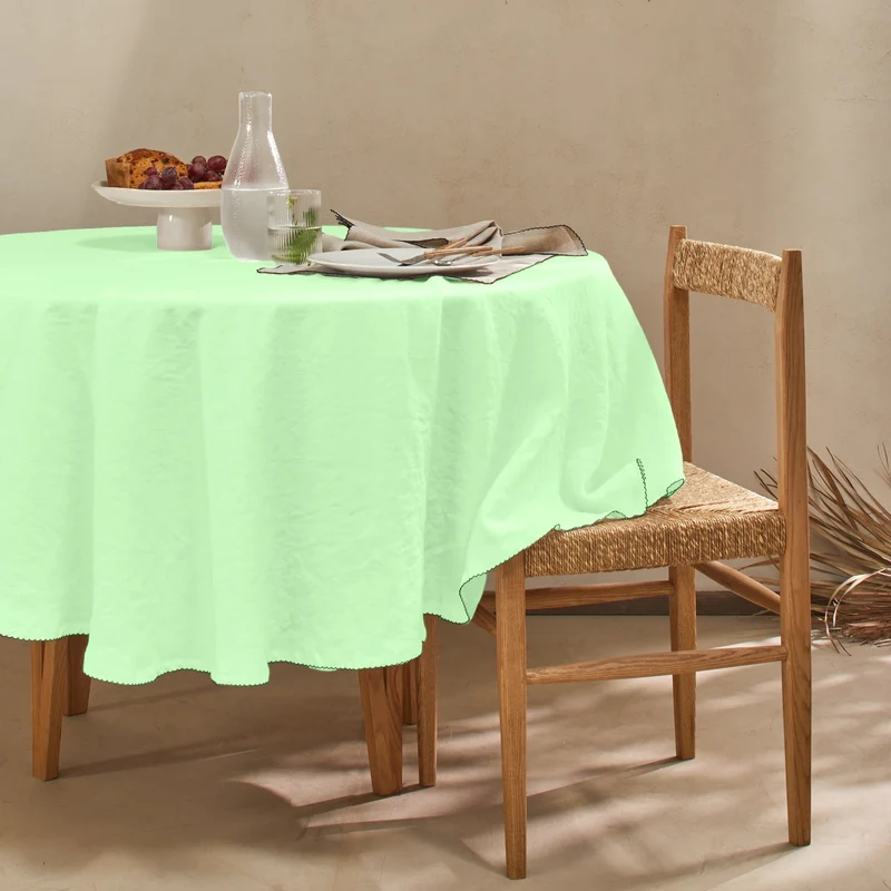 Mantel de mesa redondo acabado crochet en lino lavado verde menta