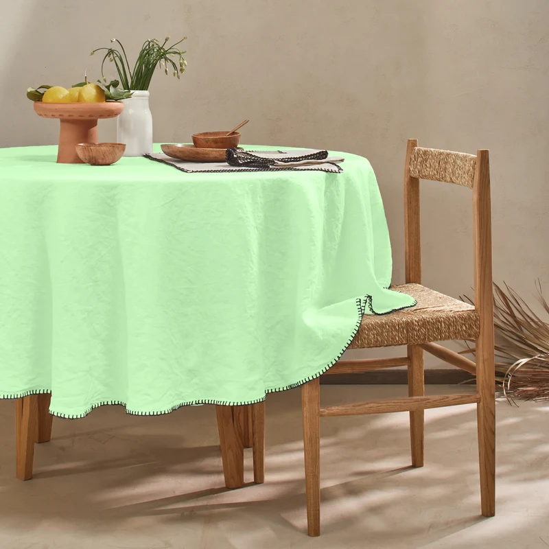 Mantel redondo punto de festón de lino lavado verde menta