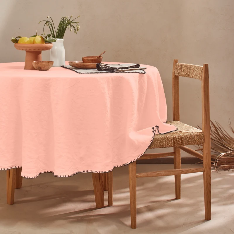Mantel redondo punto de festón de lino lavado rosa