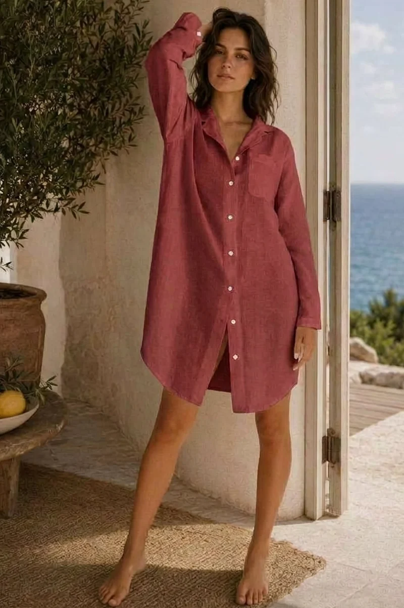 Camisa de noche abotonada de lino ladrilo – Eliza