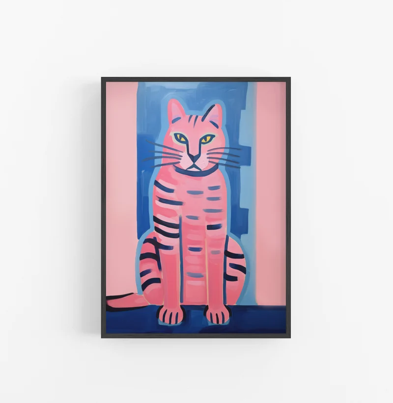 Cuadro con Marco Eclectic Gato Abstracto Rosado Azul