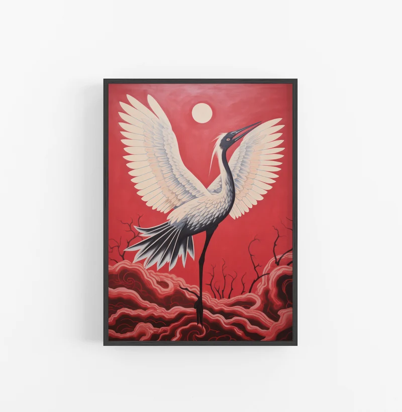 Cuadro con Marco Eclectic Grulla Oriental Rojo Blanco Negro
