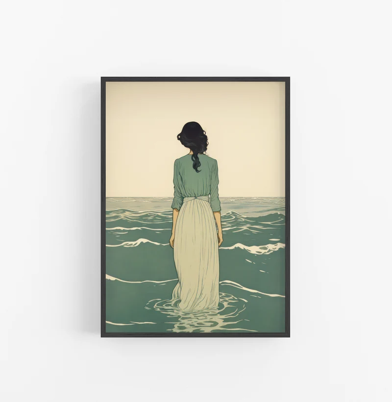 Cuadro con Marco Eclectic Minimalista Fondo Mar Verde Azulado Crudo