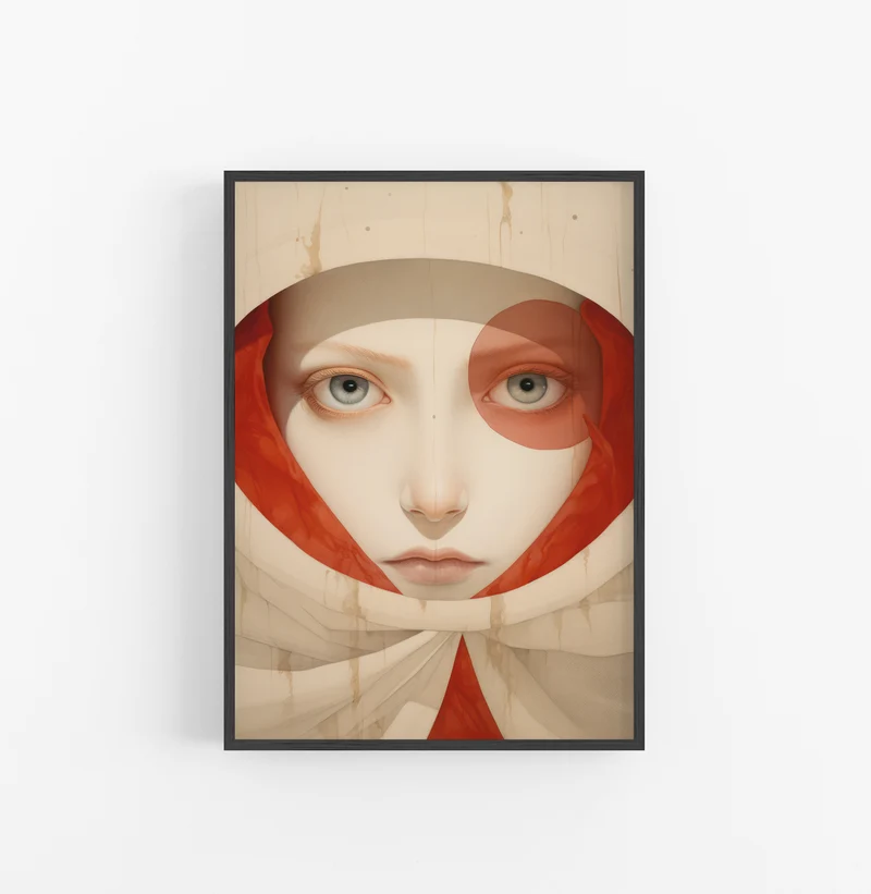 Cuadro con Marco Eclectic Rostro Abstracto Rojo Crema