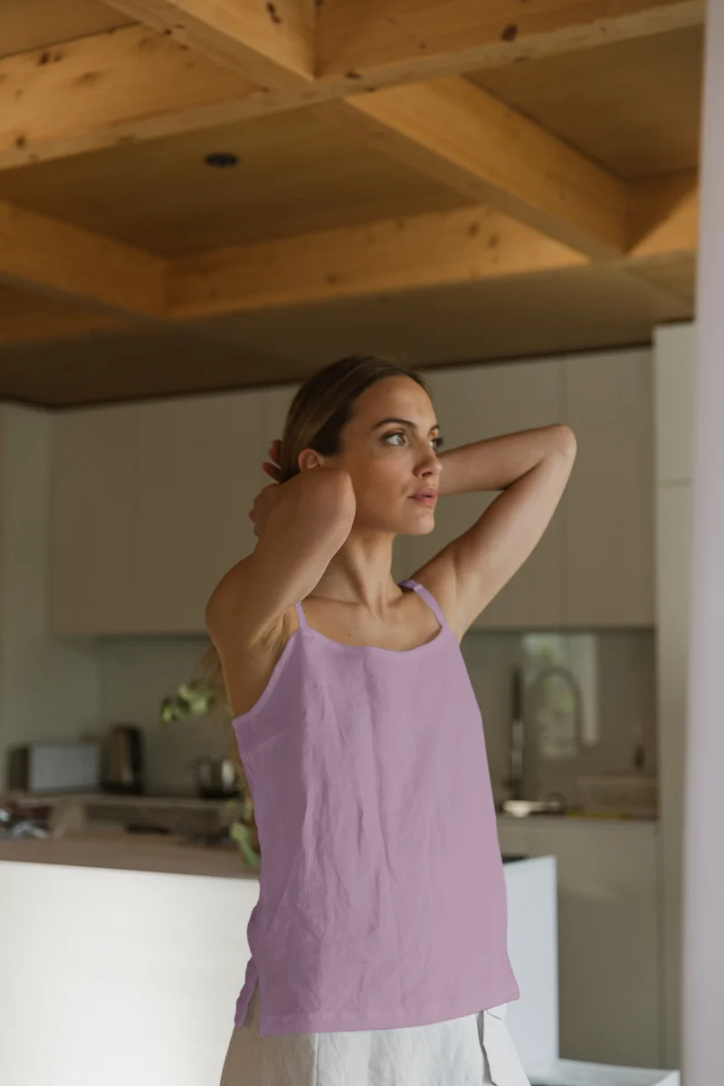 Camisón corto con tirantes en lino lavado lila - Mariane