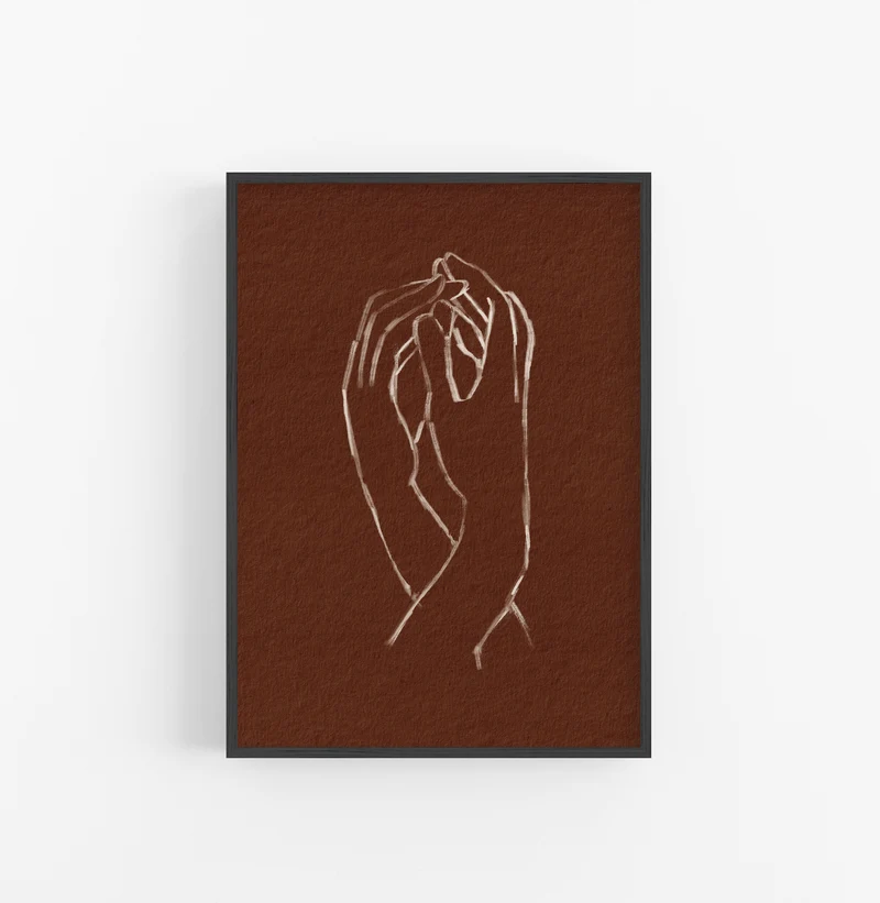 Cuadro con Marco Casual Ethnic Manos Dibujo Lineal Blanco Marron
