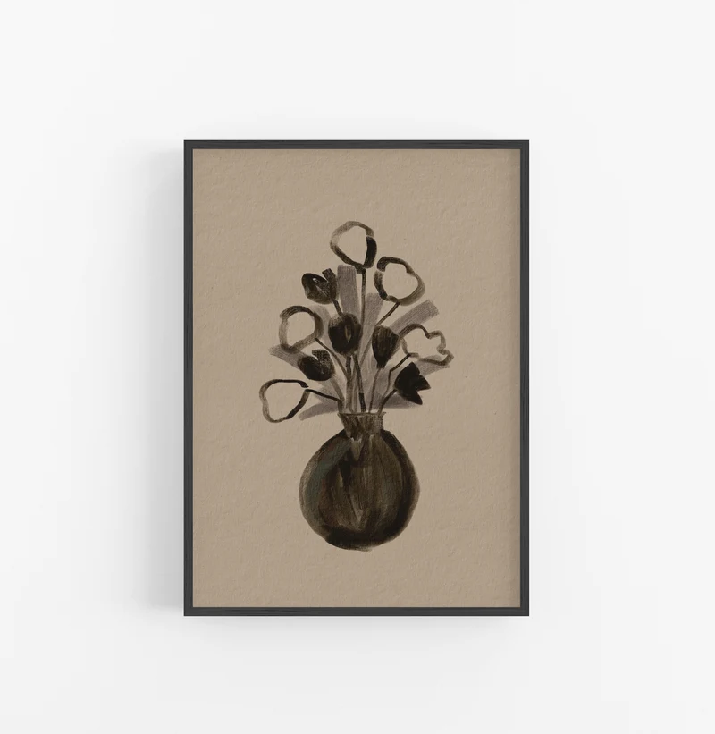 Cuadro con Marco Casual Ethnic Floral Minimalista Negro Beige