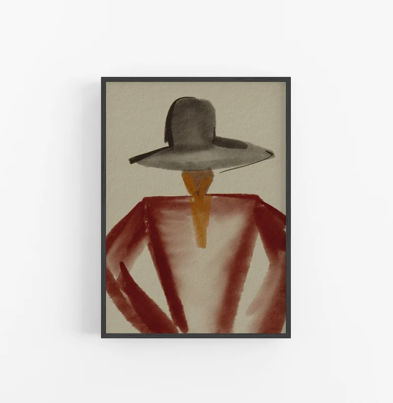 Cuadro con Marco Casual Ethnic Acuarela Femenino Sombrero Gris Rojo