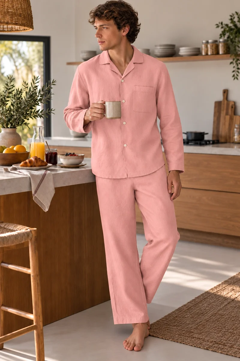 Conjunto de pijama largo para hombre en lino rosa - Ronaldo