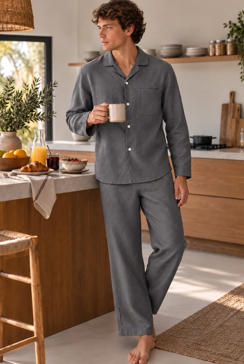 Conjunto de pijama largo para hombre en lino gris plomo - Ronaldo