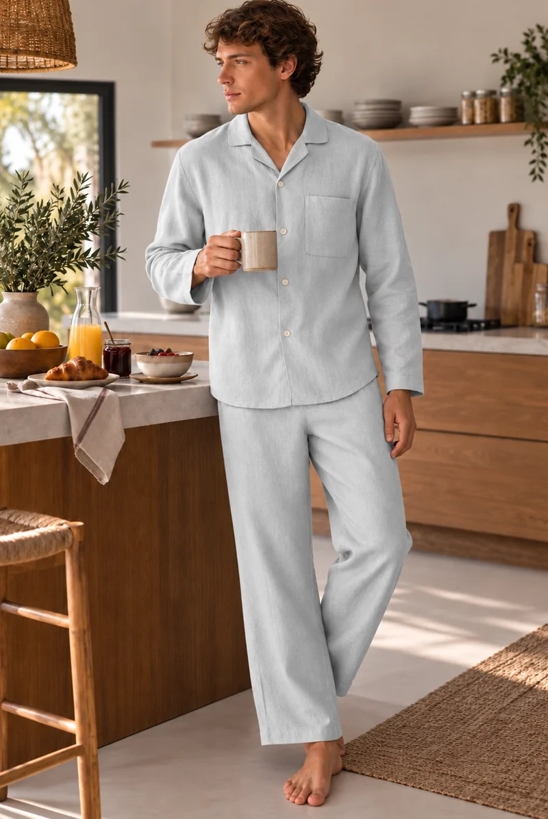 Conjunto de pijama largo para hombre en lino gris mineral - Ronaldo