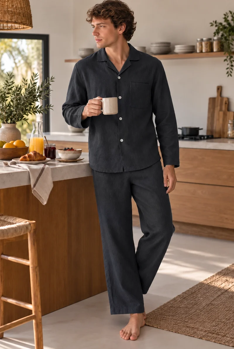 Conjunto de pijama largo para hombre en lino tinta negra - Ronaldo