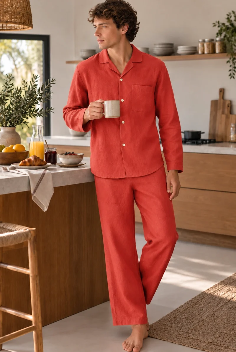 Conjunto de pijama largo para hombre en lino coral - Ronaldo