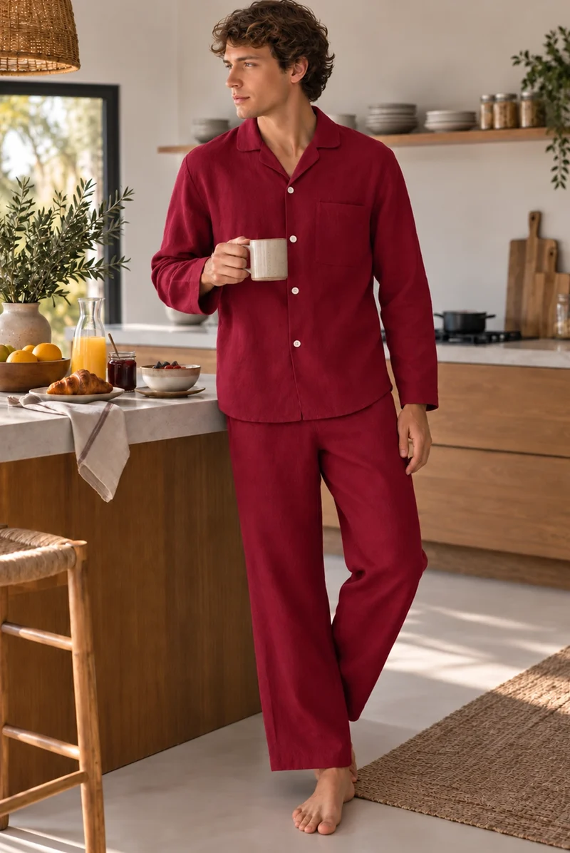 Conjunto de pijama largo para hombre en lino burdeos - Ronaldo