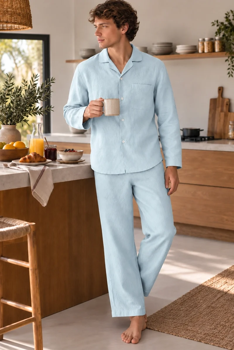 Conjunto de pijama largo para hombre en lino azul glaciar - Ronaldo