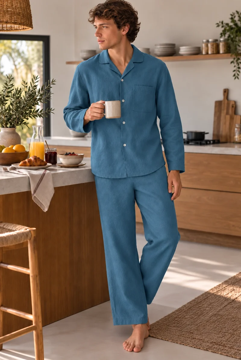 Conjunto de pijama largo para hombre en lino azul francés - Ronaldo