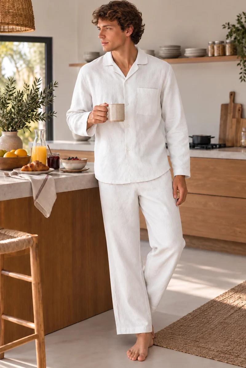 Conjunto de pijama largo para hombre en lino blanco óptico - Ronaldo