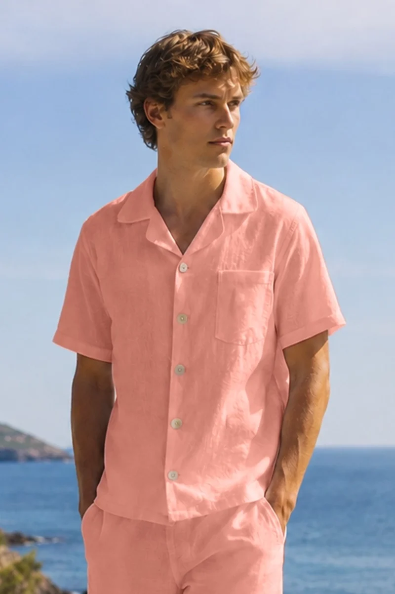 Camisa de pijama para hombre de manga corta en lino rosa - Emanuel
