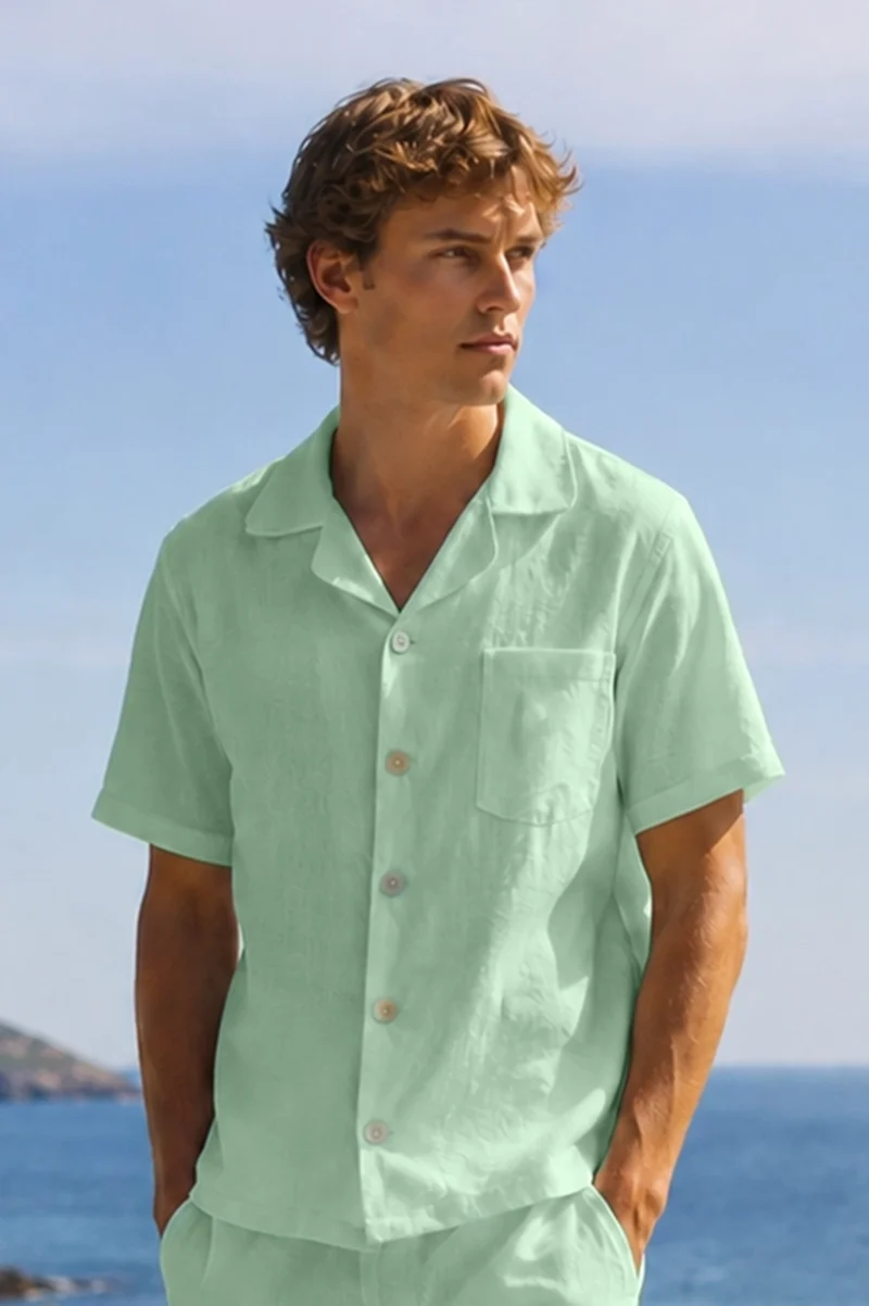 Camisa de pijama para hombre de manga corta en lino verde menta - Emanuel