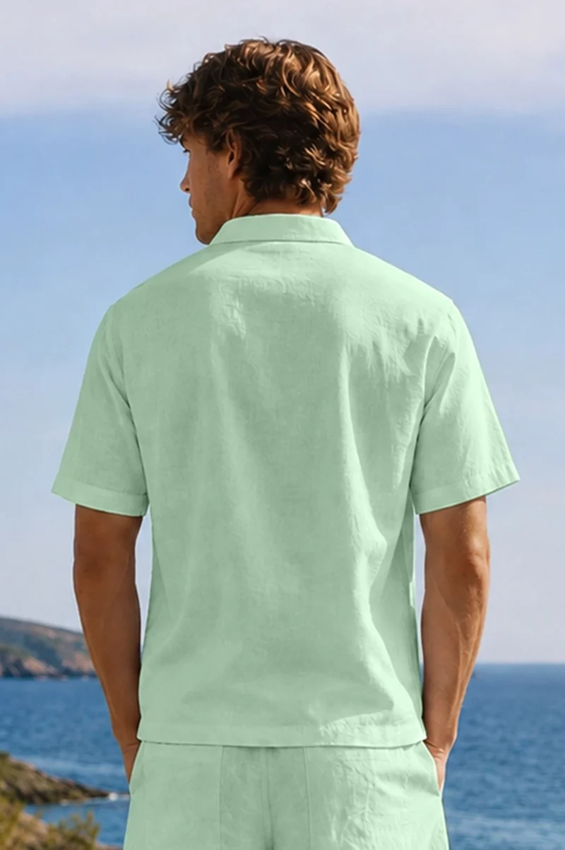 Camisa de pijama para hombre de manga corta en lino verde menta - Emanuel