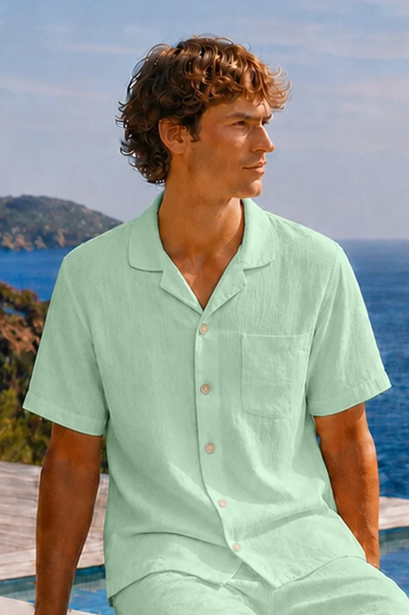 Camisa de pijama para hombre de manga corta en lino verde menta - Emanuel