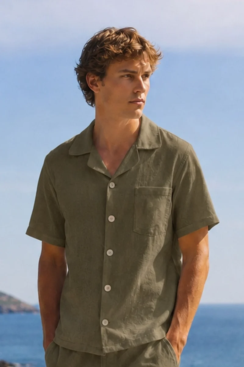 Camisa de pijama para hombre de manga corta en lino verde oliva - Emanuel