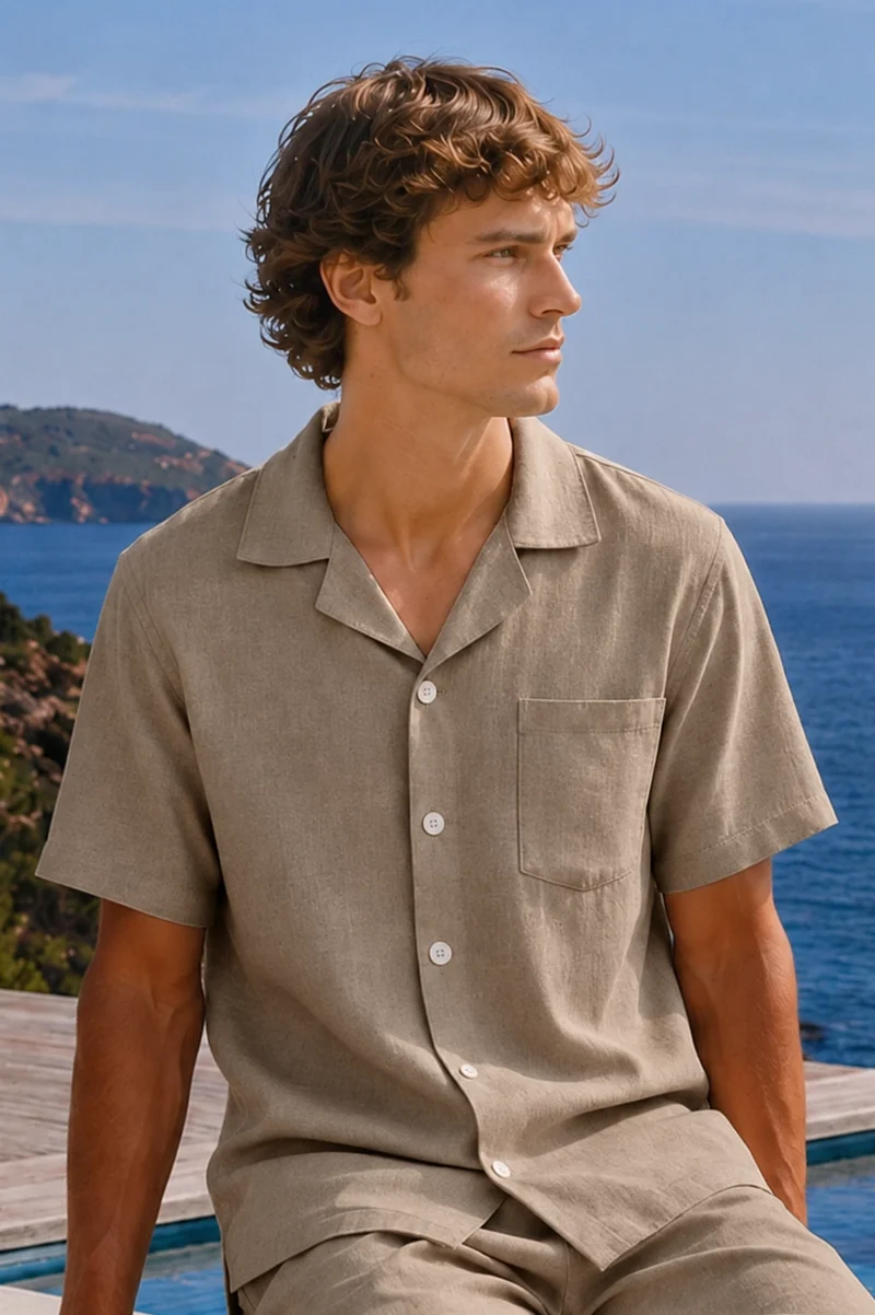 Camisa de pijama para hombre de manga corta en lino natural - Emanuel