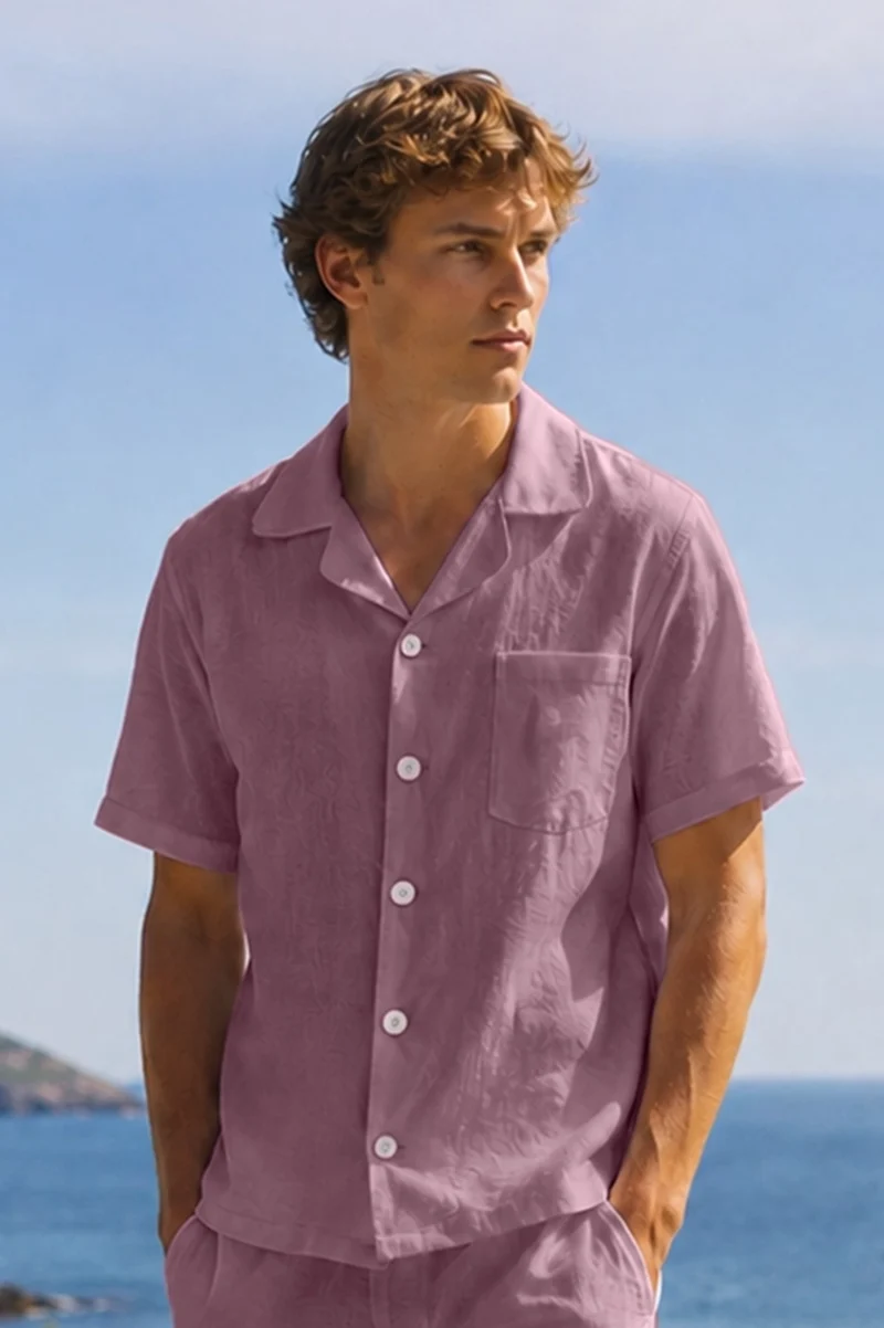 Camisa de pijama para hombre de manga corta en lino lila - Emanuel