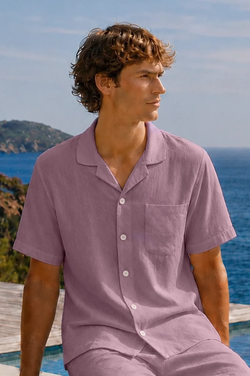 Camisa de pijama para hombre de manga corta en lino lila - Emanuel