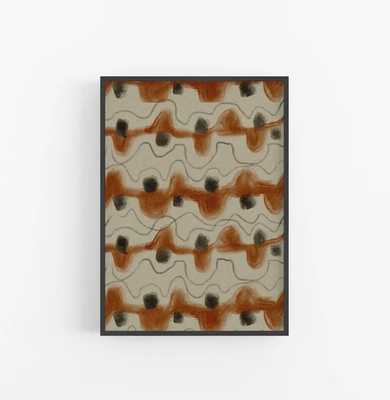 Cuadro con Marco Casual Ethnic Abstracto Ondulado Ocre Gris