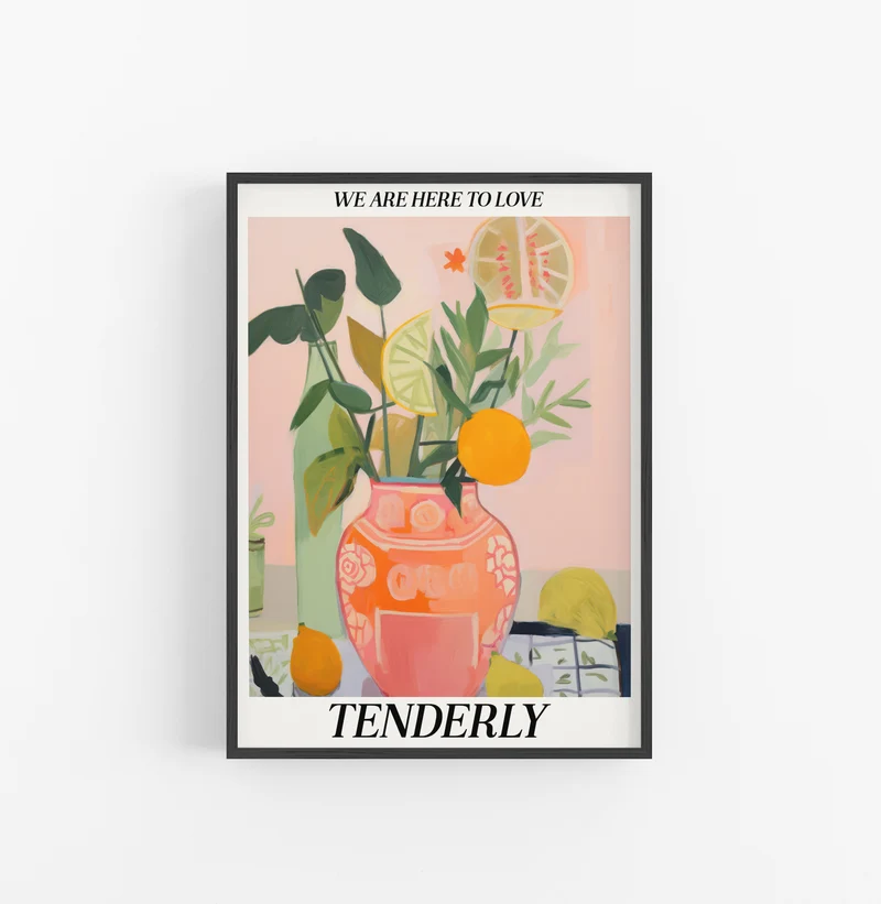 Cuadro con Marco Eclectic Flores Frutas Naranja Verde Rosado