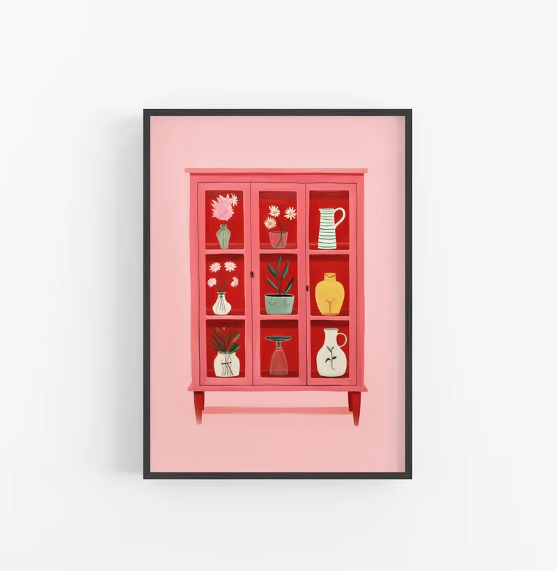 Cuadro con Marco Eclectic Decorativo Jarrones Flores Rosa Rojo