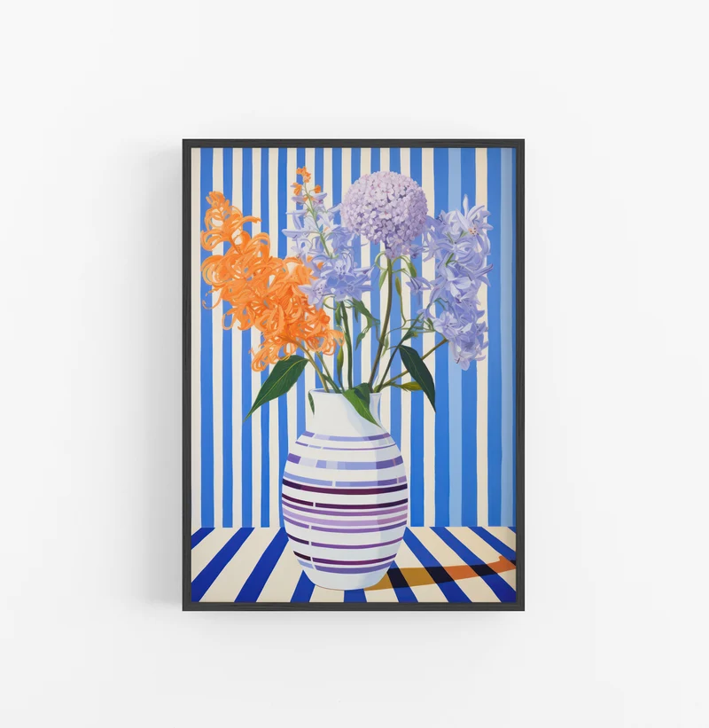 Cuadro con Marco Eclectic Rayas Verticales Azul Blanco Flores Naranja Lila
