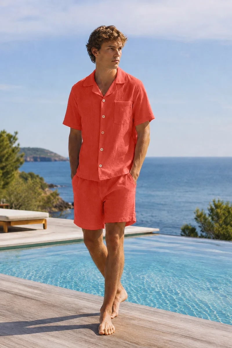 Conjunto de pijama corto para hombre en lino coral - Emanuel