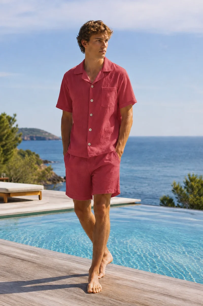 Conjunto de pijama corto para hombre en lino ladrillo - Emanuel