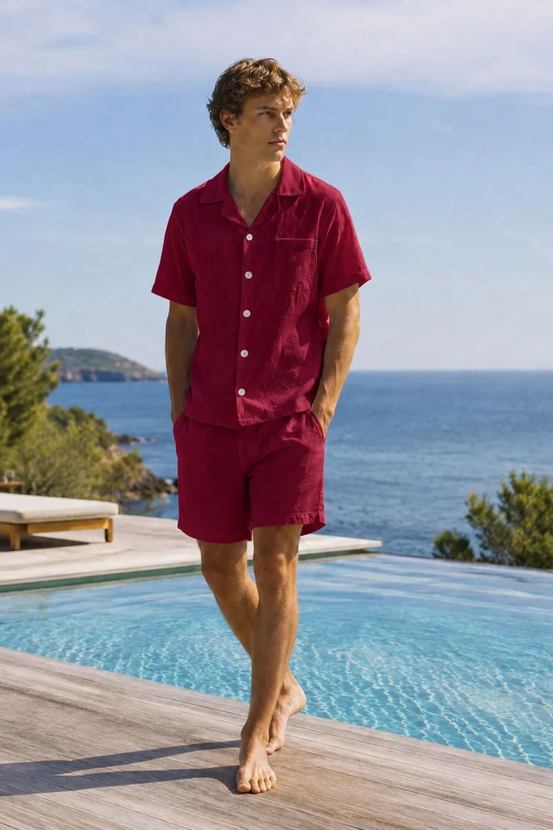 Conjunto de pijama corto para hombre en lino burdeos - Emanuel