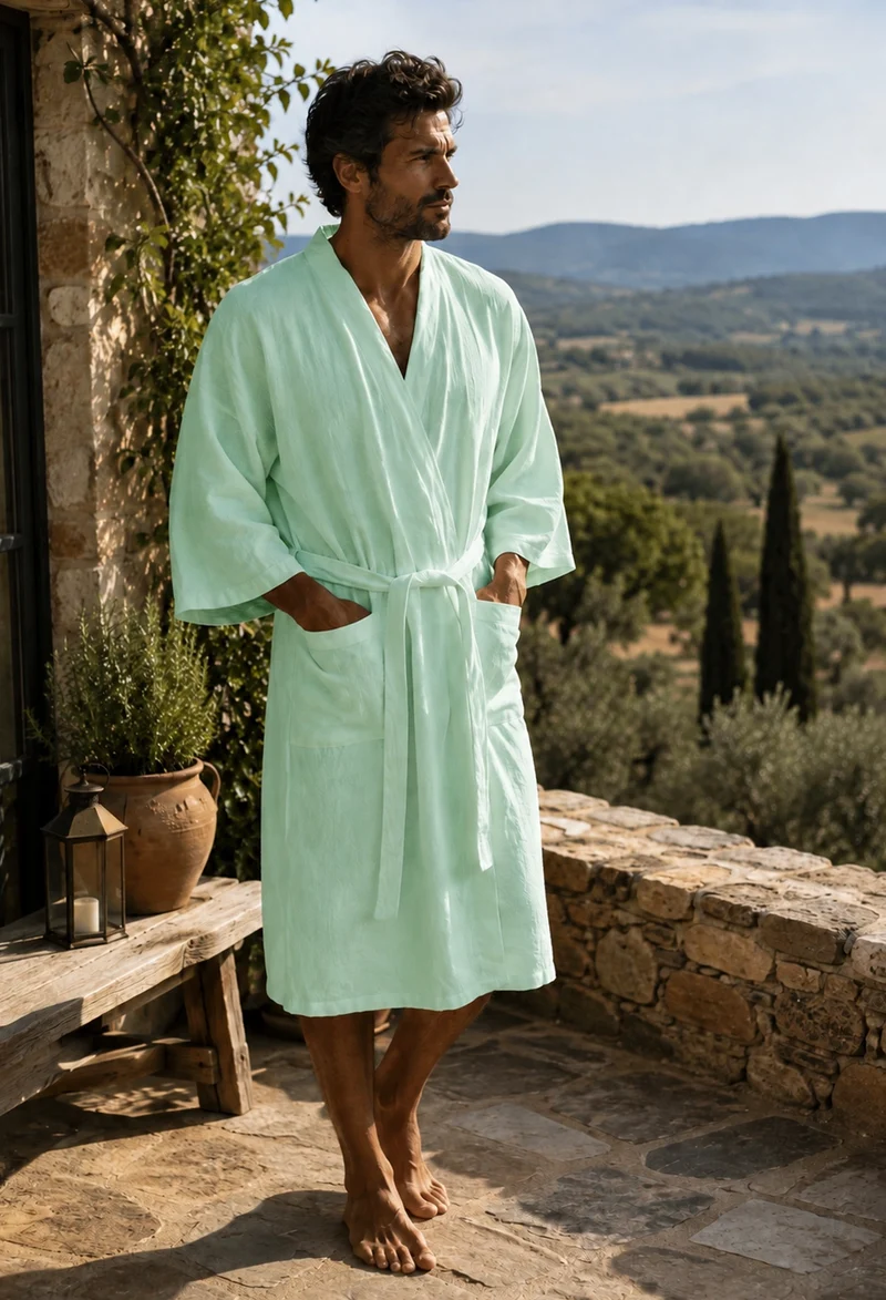 Albornoz largo tipo kimono en lino verde menta - Nelson
