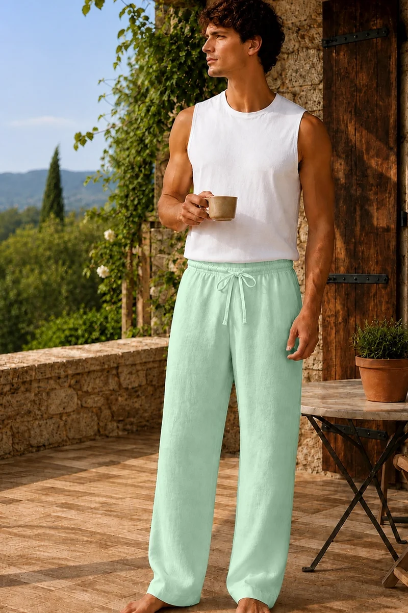 Pantalones de pijama hombre de lino verde menta - Diego