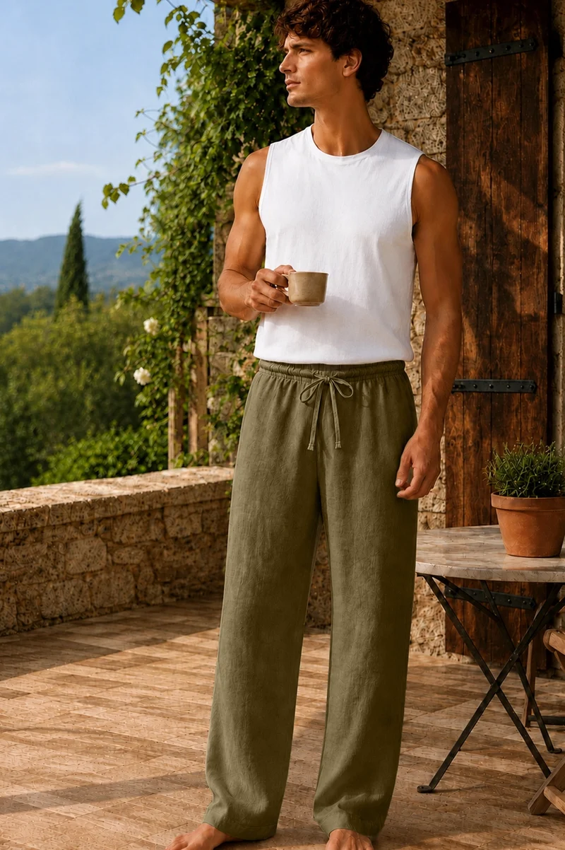 Pantalones de pijama hombre de lino verde oliva - Diego