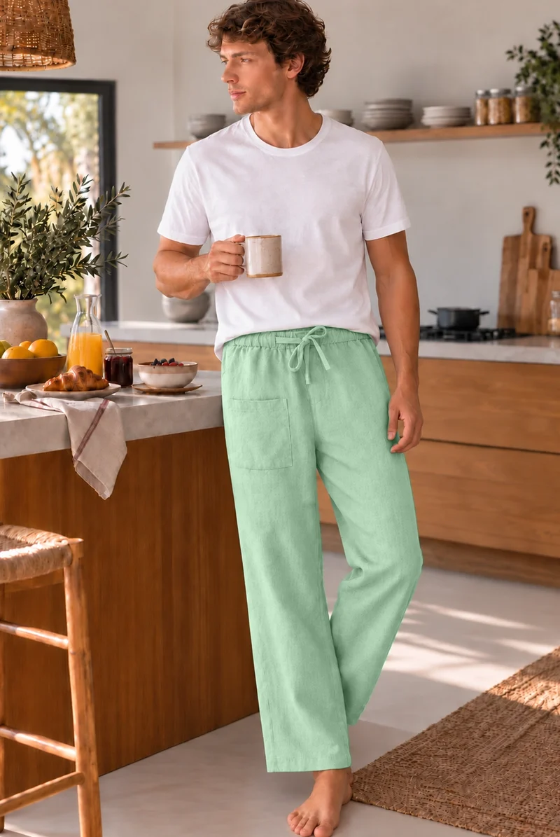 Pantalones de pijama para hombre en lino verde menta - Ronaldo