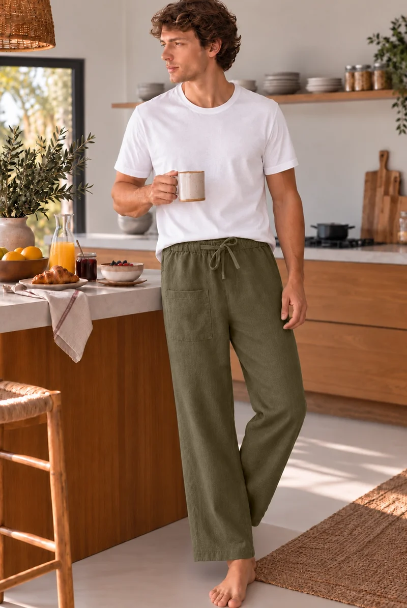 Pantalones de pijama para hombre en lino verde oliva - Ronaldo