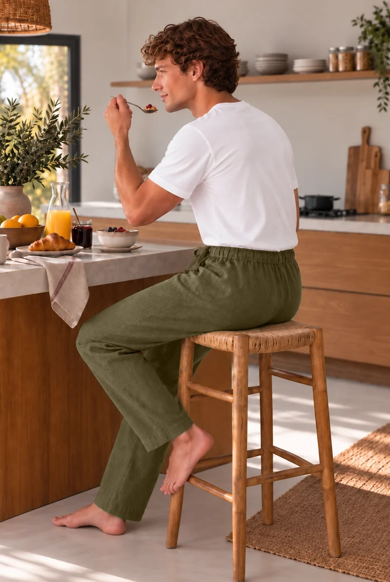Pantalones de pijama para hombre en lino verde oliva - Ronaldo