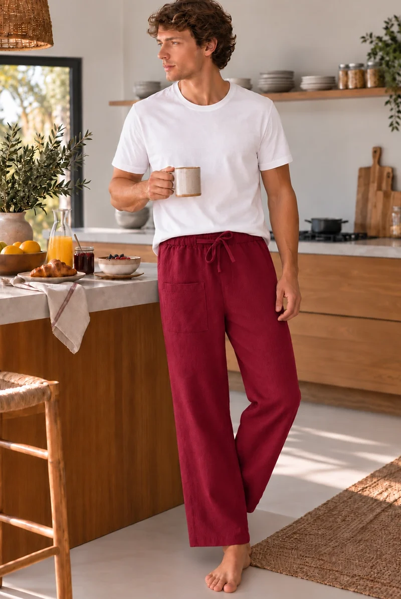 Pantalones de pijama para hombre en lino burdeos - Ronaldo