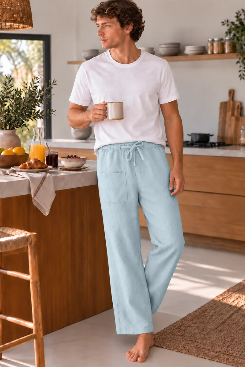 Pantalones de pijama para hombre en lino azul glaciar - Ronaldo