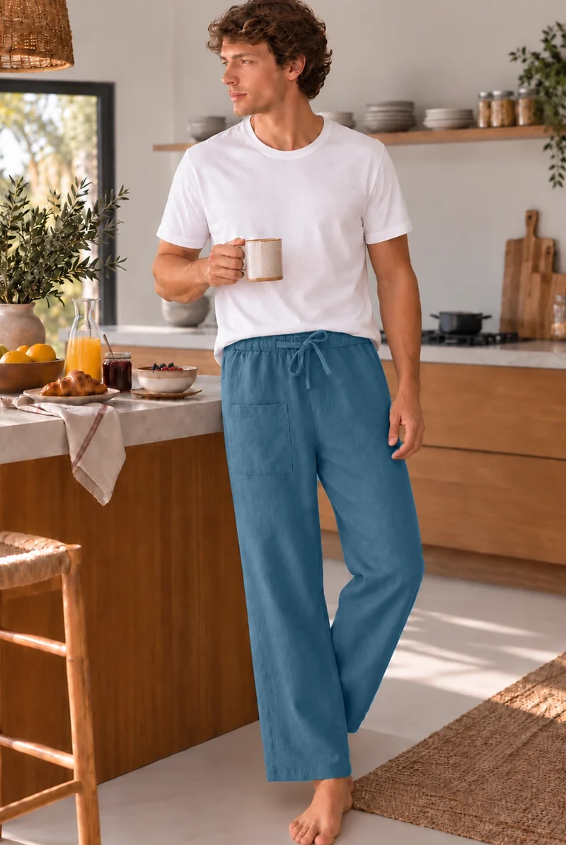 Pantalones de pijama para hombre en lino azul francés - Ronaldo