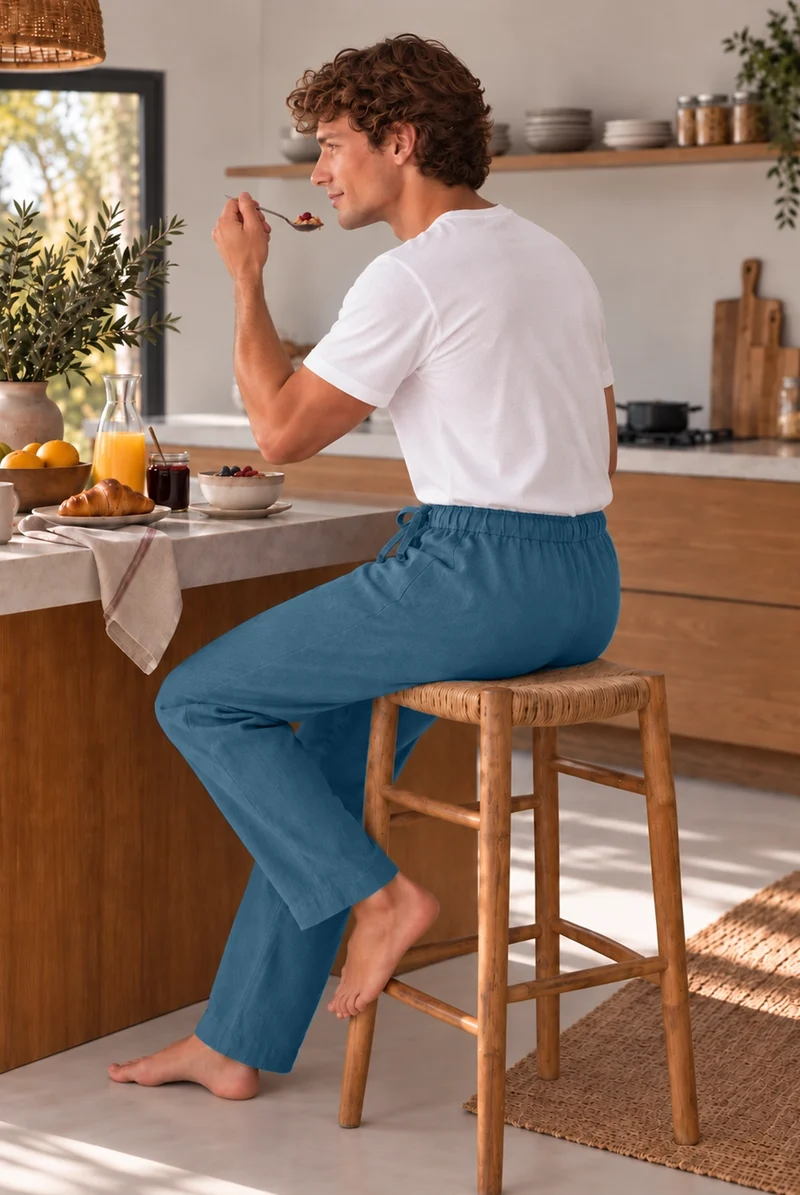 Pantalones de pijama para hombre en lino azul francés - Ronaldo