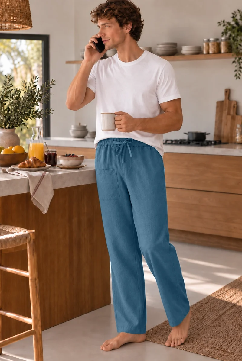 Pantalones de pijama para hombre en lino azul francés - Ronaldo