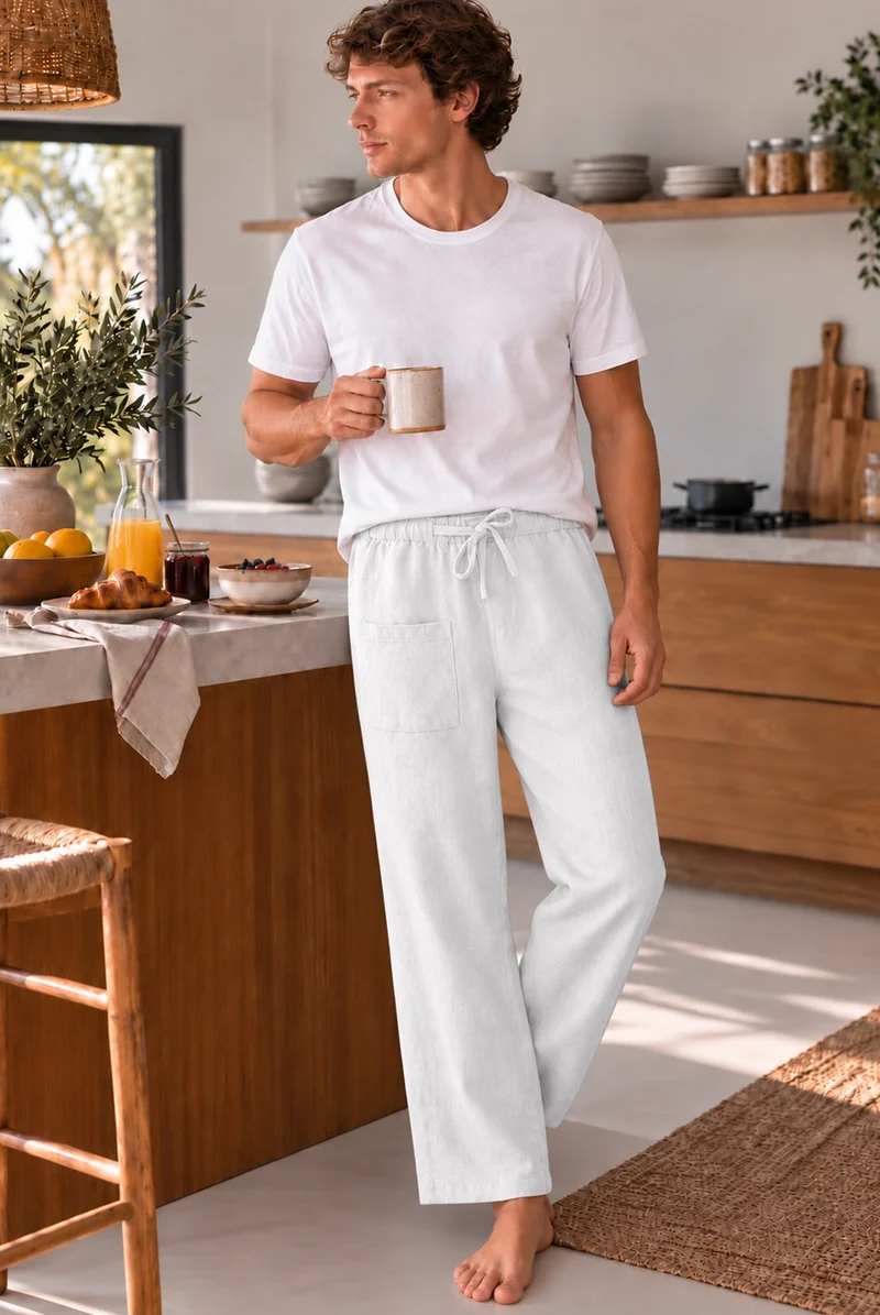 Pantalones de pijama para hombre en lino blanco óptico - Ronaldo