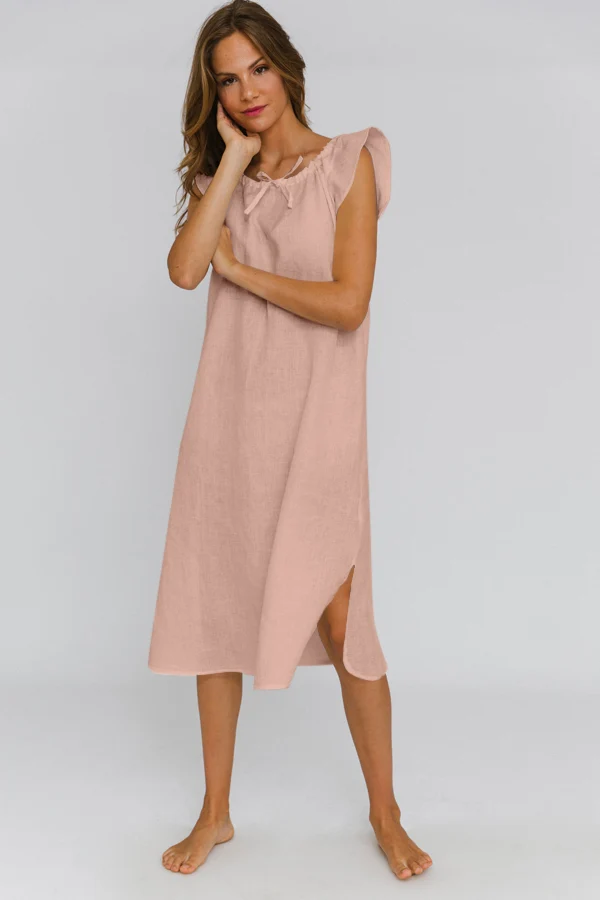 Camisa de dormir midi de lino rosa - Rosa