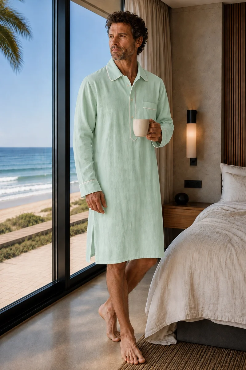 Camisa de dormir larga para hombre en lino verde menta - Bruno